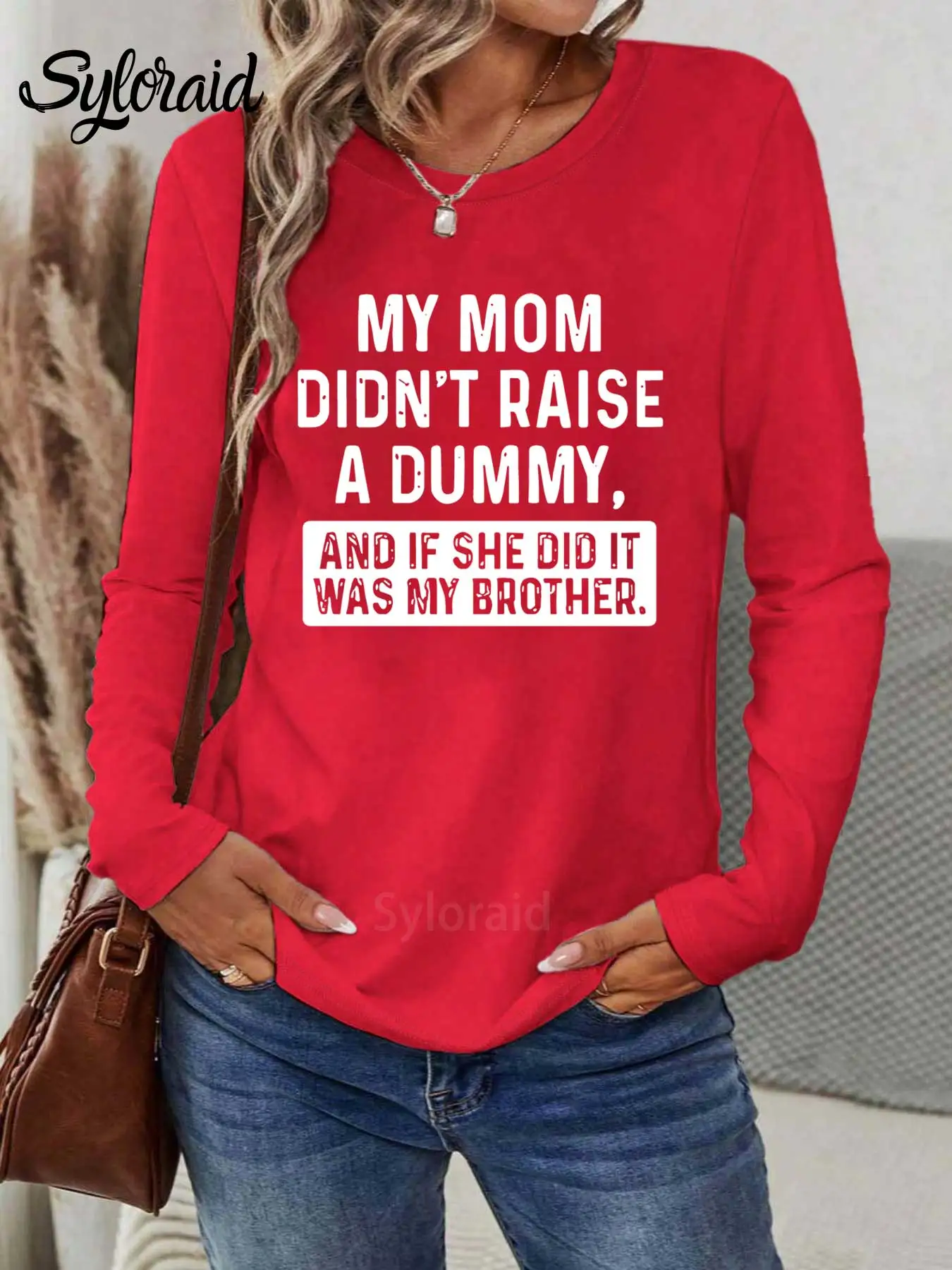 المرأة طويلة الأكمام تي شيرت أمي لم تربية الدمبل تي شيرت مضحك إقتباس قميص موضة الجولة الرقبة رداء علوي غير رسمي #3