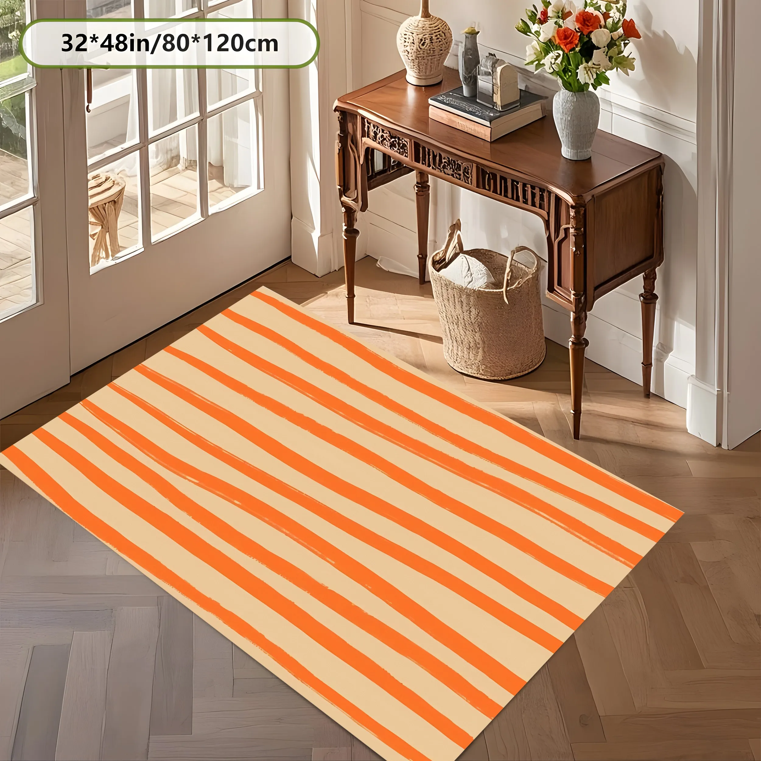 Large Area Rug in Warm Orange with Irregular Wavy Stripes, Minimalist Instagram-Worthy Style, for Living Room Bedroom