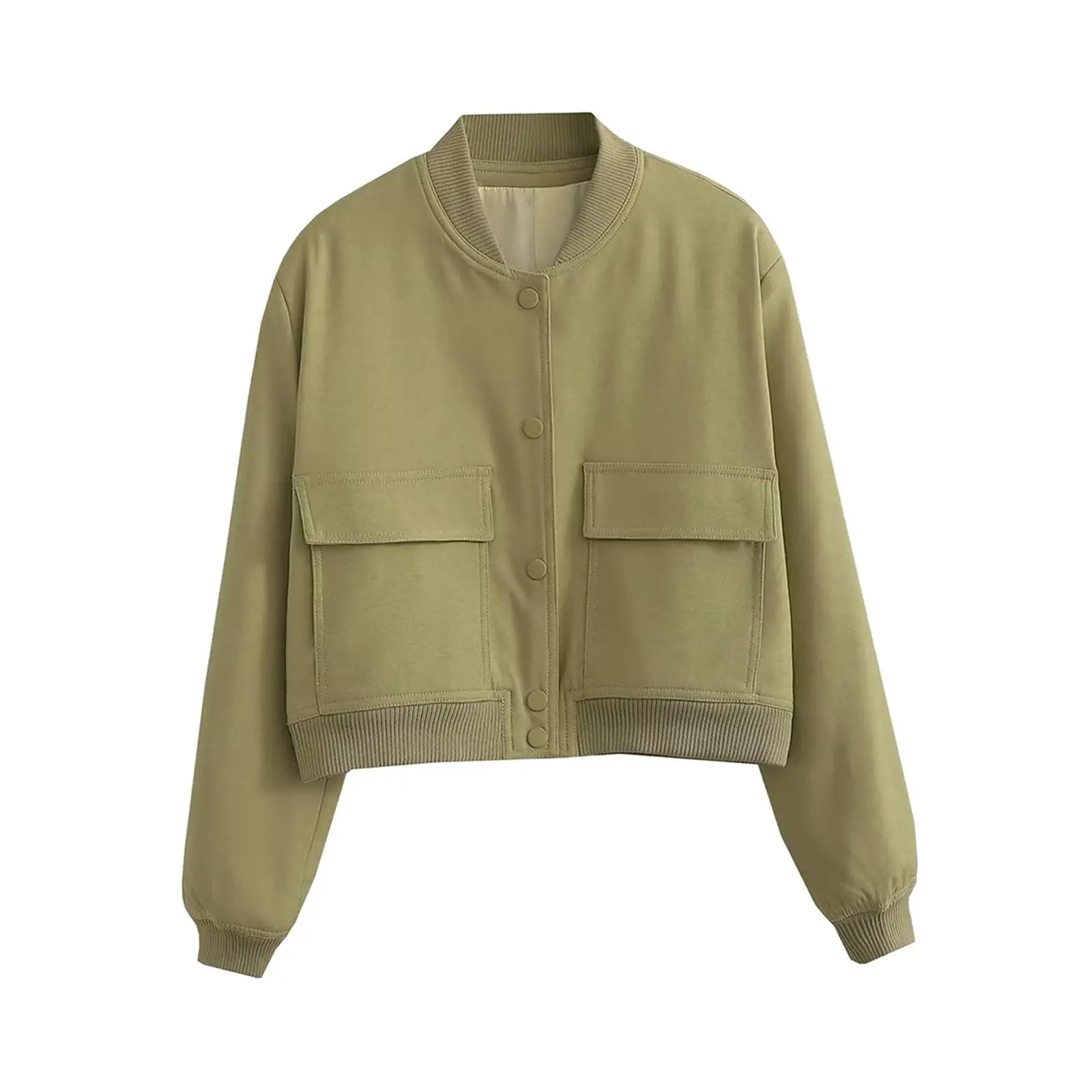 Short Snap Button Jacket for Women Lightweight Collarless Cropped Coat with Pockets Casual Spring Streetwear