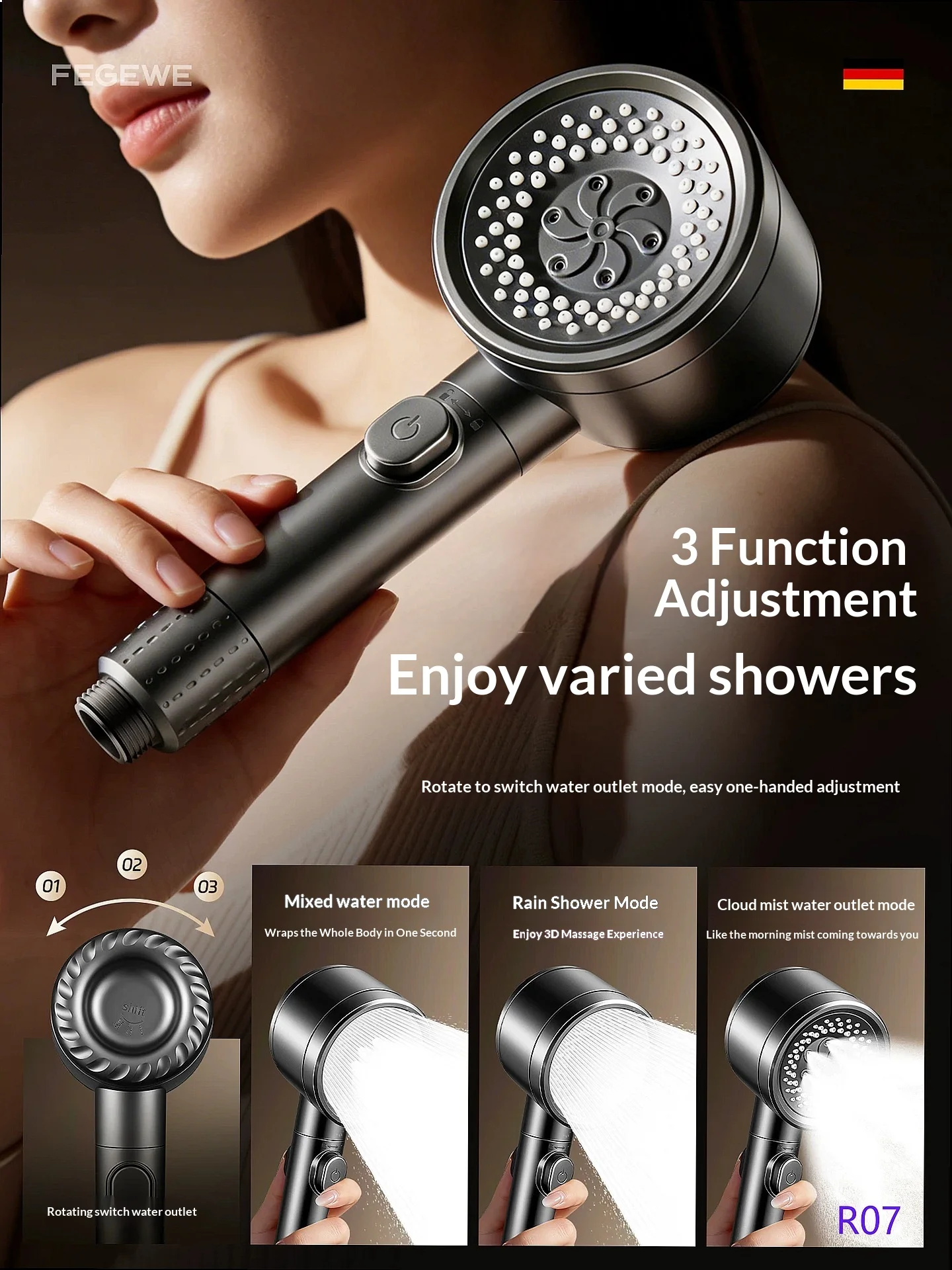 High Pressure Shower Head Set Strong Water Flow Bathroom Hot Water Heater Nozzle