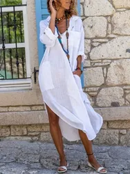 White Women's Shirt Dress Solid Color Button Split Loose Long Dress Casual Long Sleeve Cotton Linen Dress For Women 2025