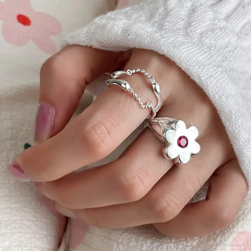 

PANJBJ 925 Sterling Silver Pink Zircon Flower Ring for Women Girl Gift Sweet Chain Double Layer Jewelry Gift Dropshipping