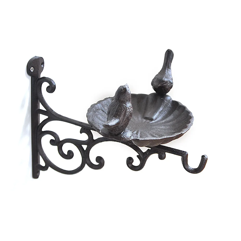 Cast Iron Garden Wall Hanging - Bird Bowl with Wrought Iron Discharge Hook, American Country Style for Courtyard & Outdoor Decor