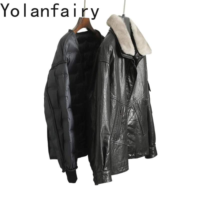 YOLANFAIRY Top Layer Cowhide Genuine Leather Down Jacket Women Winter White Goose Down Coat Luxury Mink Fur Collar Puffer Coats