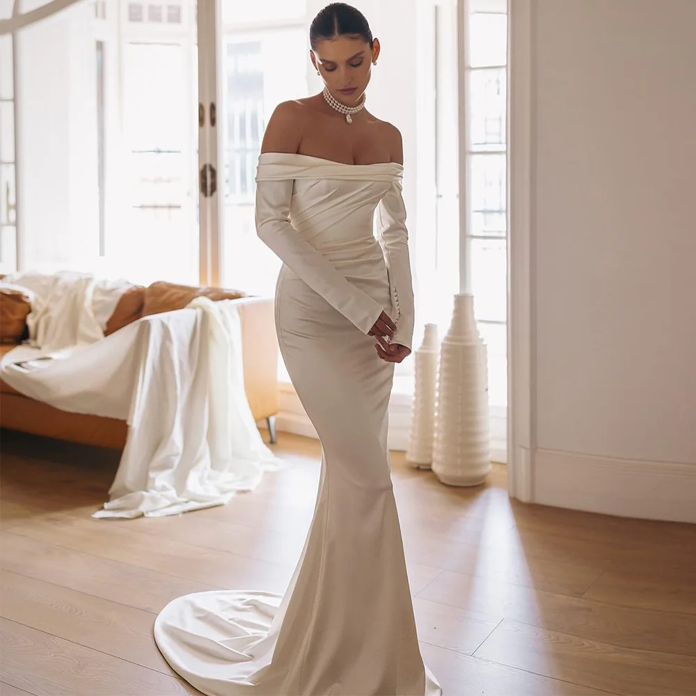 

Simple Pleats Satin Bridal Gowns Customized Boat Neck Long Sleeves Wedding Dress Elegant Mermaid Zipper Back Vestido De Novia