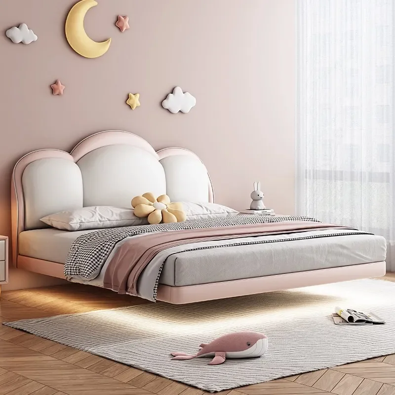 for Children Suspended Bed with Sensor Light Soft Bag Solid Wood Girl Princess Bed Small Apartment Cartoon Child Single Cloud