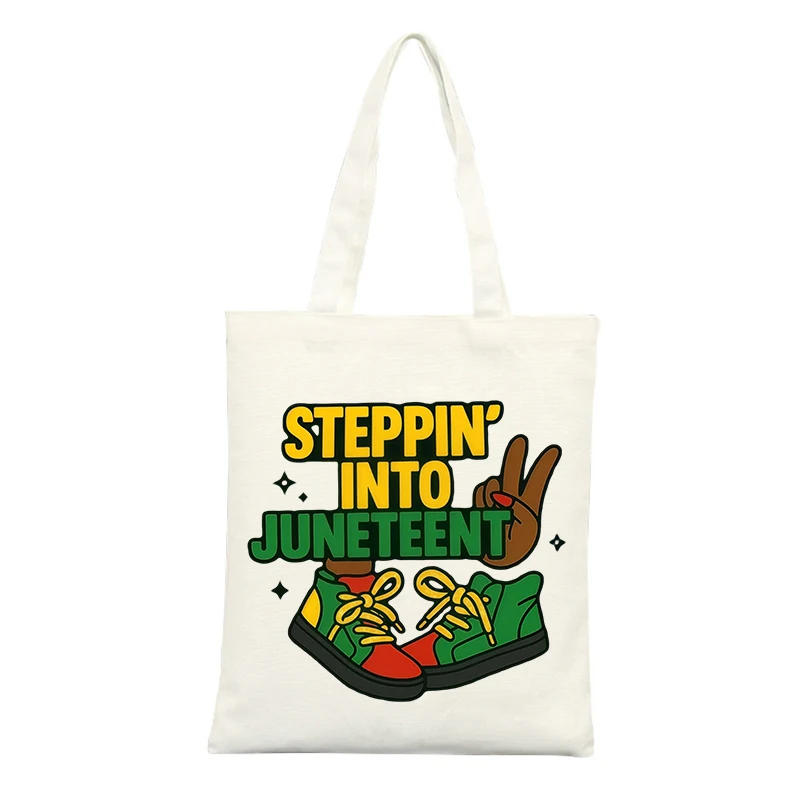 Canvas Tote Bag with Peace Sign and Shoe Graphic, Ideal for Juneteenth Celebrations and Casual Outings
