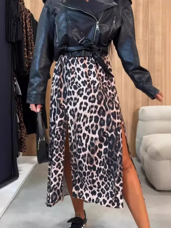 

Autumn Sexy Leopard Print Maxi Skirts Women High Waist A Line Split Office Slim Long Zebra Print Skirt For Women Elegant 2024