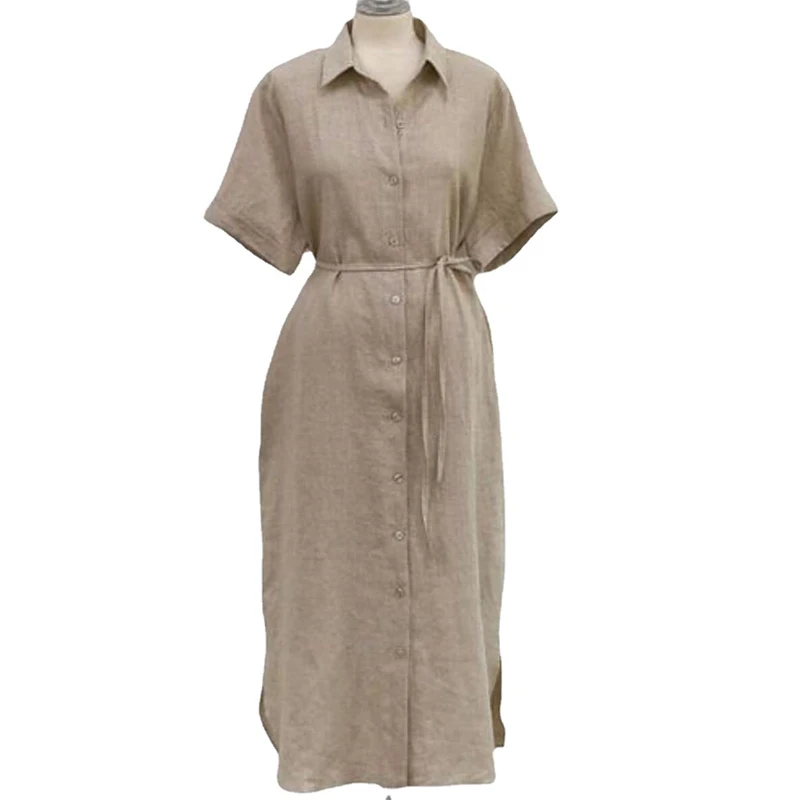 Summer Cotton and Linen Long Dress Fashion New Polo Neck Single Breasted Shirt Dress Casual Simplicity Loose Lace-up Vestidos