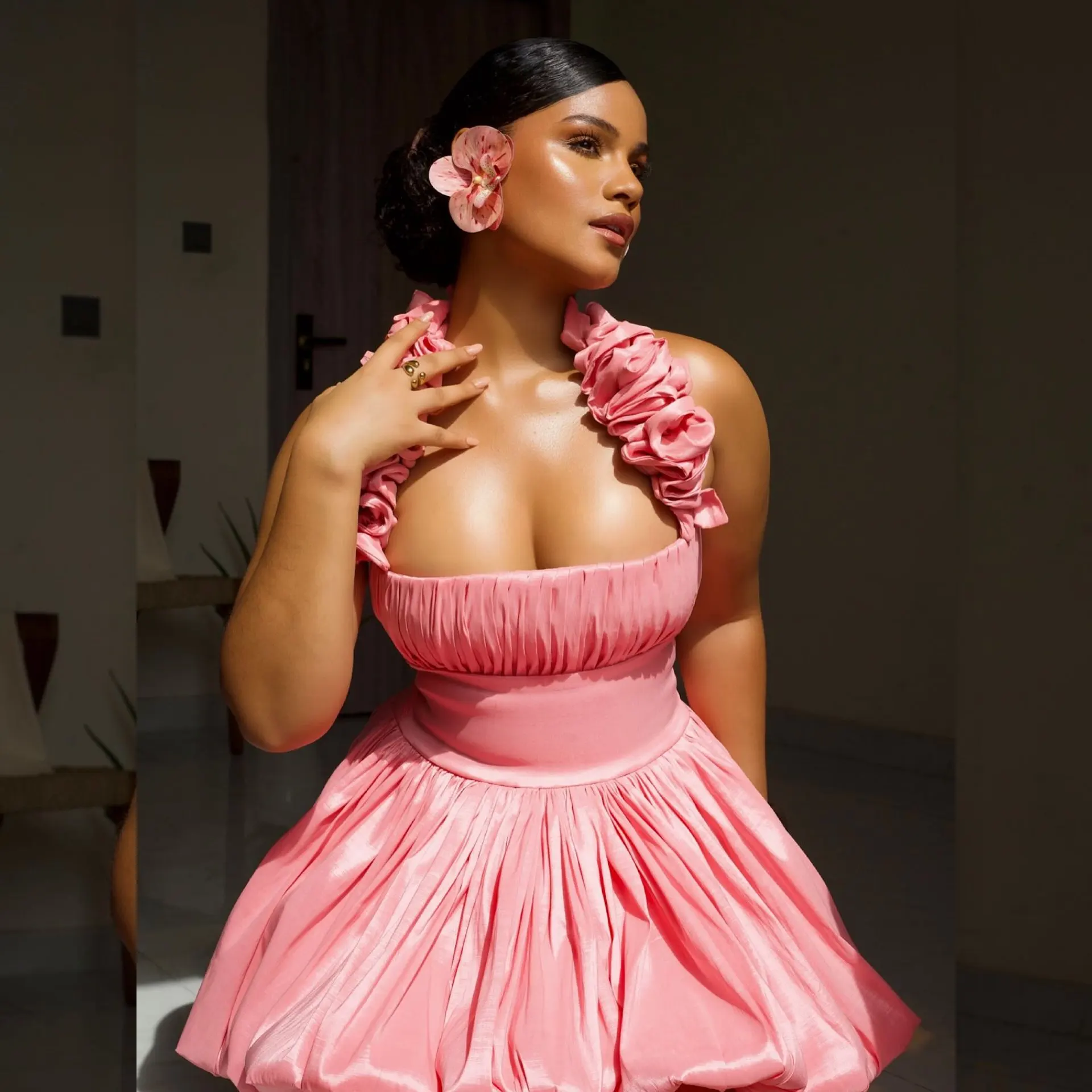 

2026 Trending Boho Coral Pink Ruffle Mermaid Dress Summer Party Dress with Layered Skirt Flowy Off-Shoulder V-Neck Dress Aso Ebi