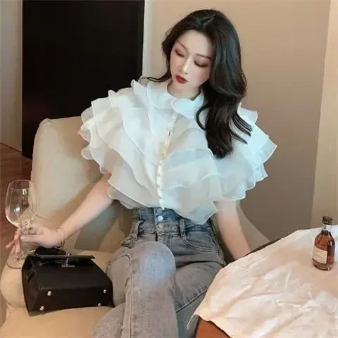 Gagarich Women Elegant Blouse Fashion Summer New French Temperament Fairy Court Style Ruffled Mesh Shirt Top Clothing