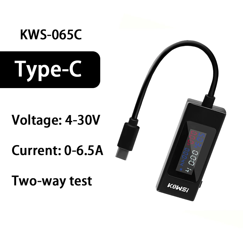 KWS-065C USB/Tipo-C Corrente Tensão Tester LCD Tela Colorida 0-6.5A Detector De Capacidade Da Bateria QC2.0 3.0 PD VOOC Carga Rápida