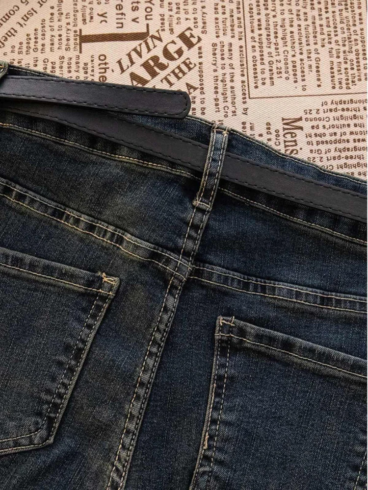 Women's High Waisted Jeans Korean Frayed Edges Slim Fit Slightly Flared Long Pants 2025 Spring Summer New Buckle Design Trouser