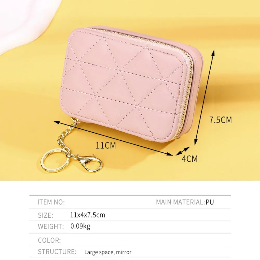 Portable PU Leather Lipstick Bag with Mirror Solid Color Mini Purse Zipper Cosmetic Bag Outdoor