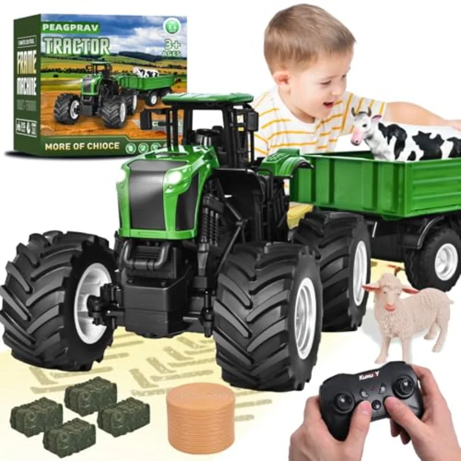 

Remote Control Tractor Toy with RC Trailer for farm play ABS plastic red and yellow 2.4GHz interference-free control 23.6-inch