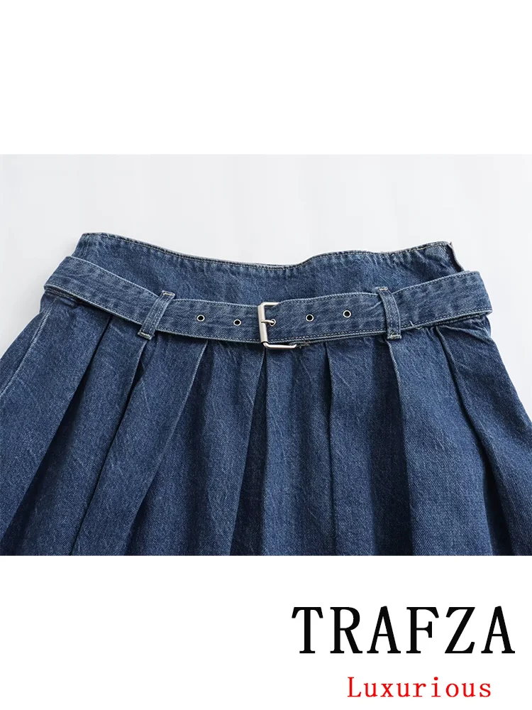 Trafza Vintage Damespak Denim Strapless Knoopzakken Slanke Topsjerpen Wijde Geplooide Korte Rok Nieuwe Mode 2024 Zomersets