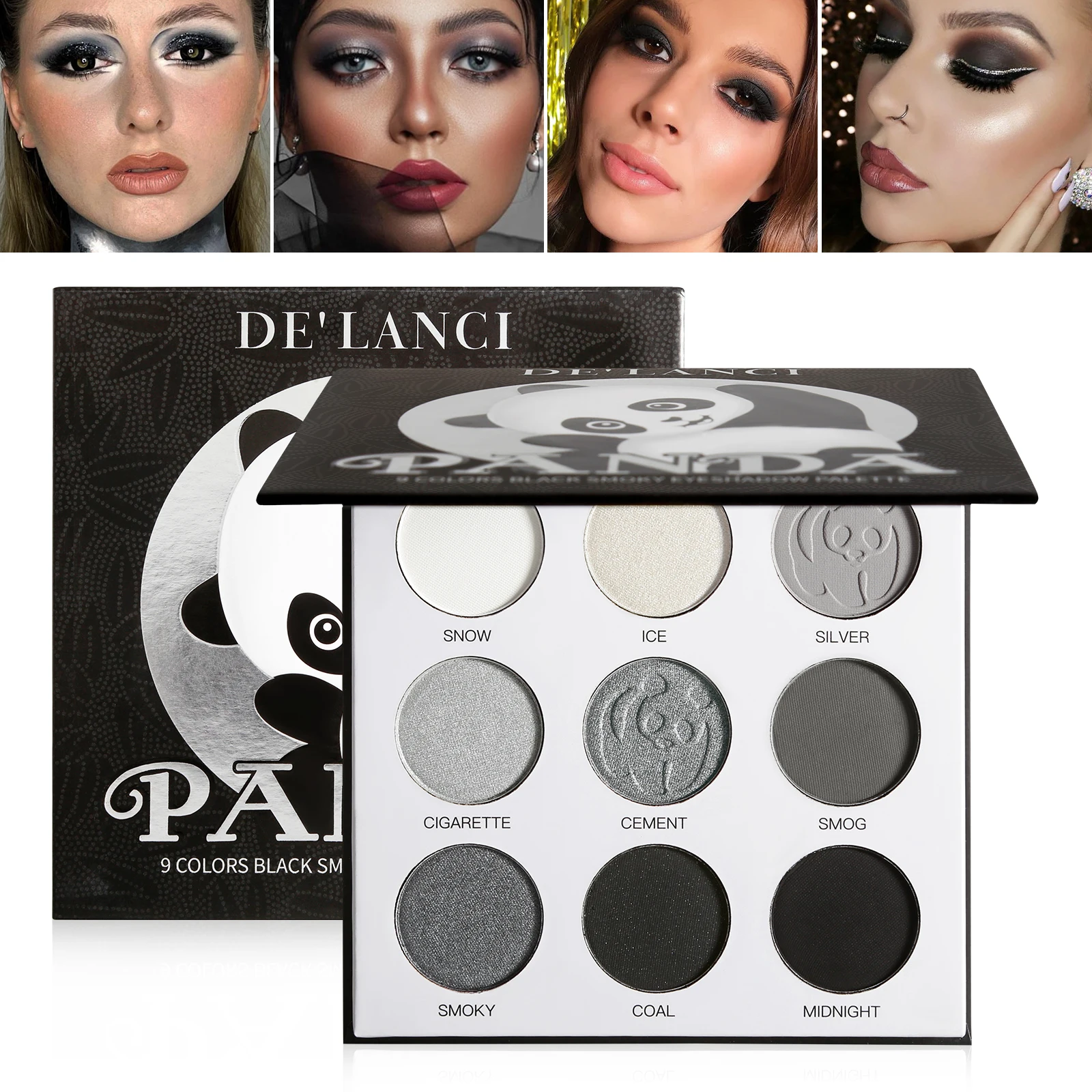 Black White Grey Eyeshadow Palette,DE’LANCI PANDA 9 Colors Silver Pigmented for Halloween SFX Makeup,Mini Smoky Eyeshadow Pallet