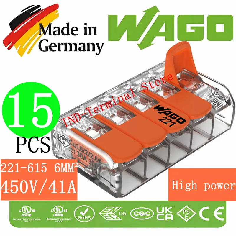 

15PCS per box original WAGOs connectors 221-615 6MM² 5-hole quick terminal with lever Compact wire connector Transparent orange