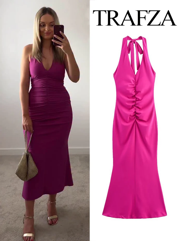 

HH Women's Fashion Vintage Solid Halter Neck Lace Up Dress Female Temperament Sexy Backless Pleated Decorative Long Dress