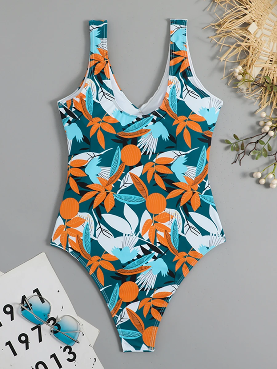 2024 Tropical Print Swimsuit One Piece Knot Side Belted Swimwear Women Padded Bathing Suit Female Swimming Summer Beachwear