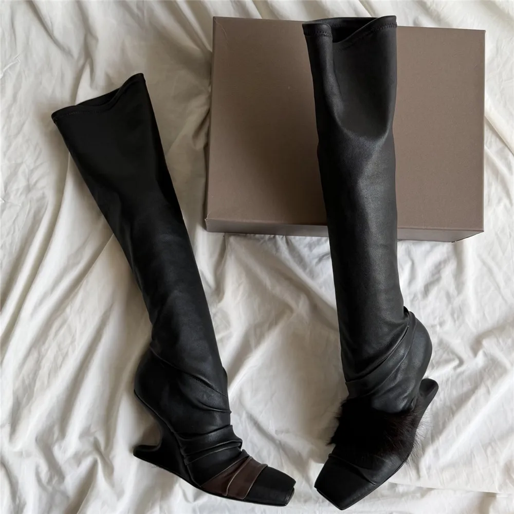 Women Gothic Knee High Boots Special Alien Wedge Heel Square Toe Stretch Pleated Long Boots Faux Fur Decor Runway Party Shoes