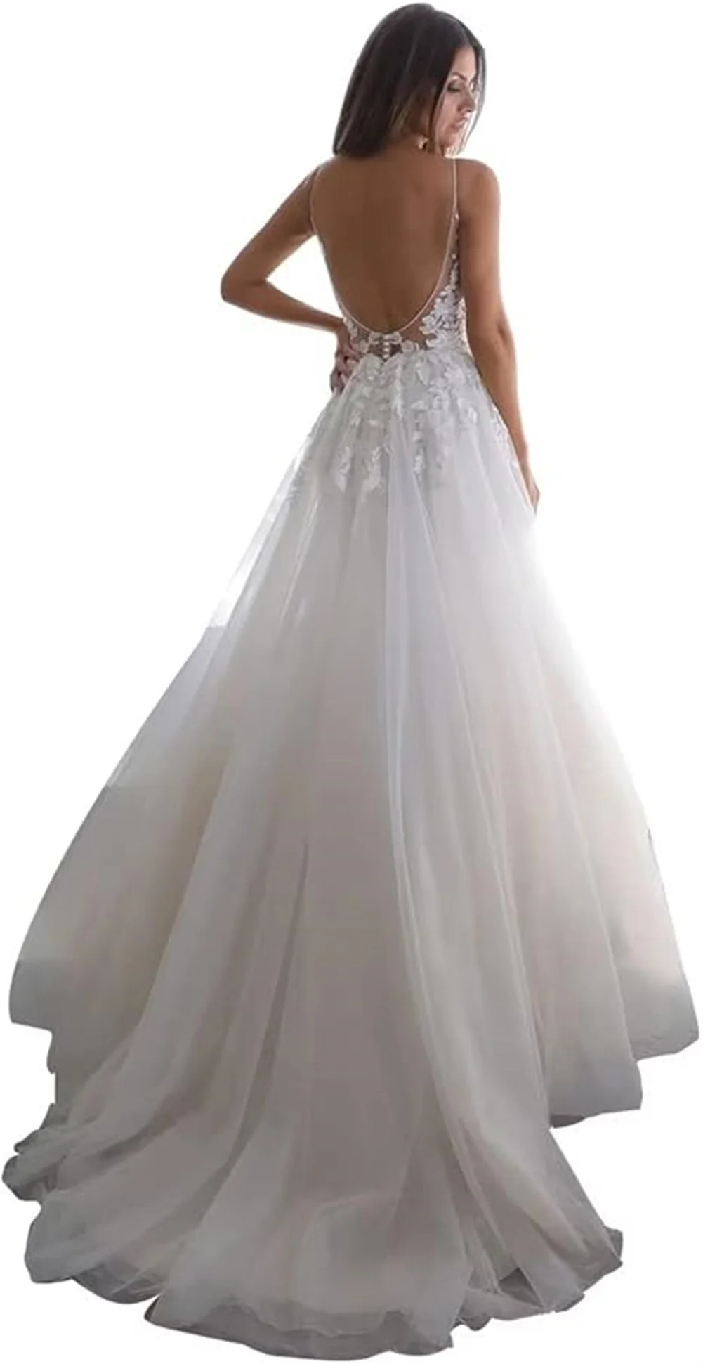 Correas espaguetis personalizadas, vestidos de novia grandes con espalda descubierta para novia, tul, escote en V profundo, línea A, apliques de cordones, vestidos de novia largos