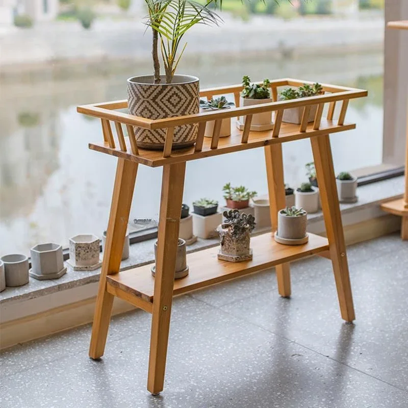 Solid Wood Flower Stand Flower Pot Storage Rack Pine Double Floor Living Room Balcony Bonsai Plant Decoration Rustic Style