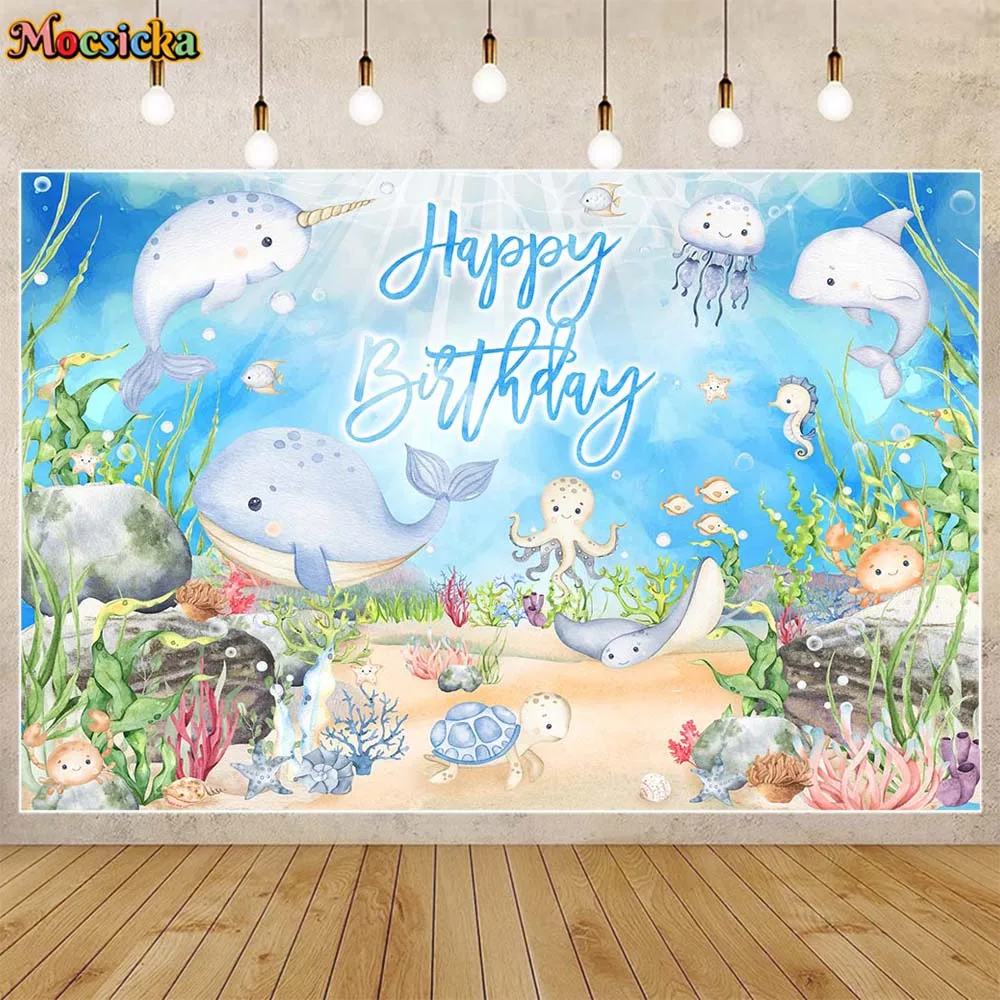 

Mocsicka Under the Sea Baby Birthday Backdrop Underwater World Dolphin Whale Child Party Decor Photo Background Photocall Props