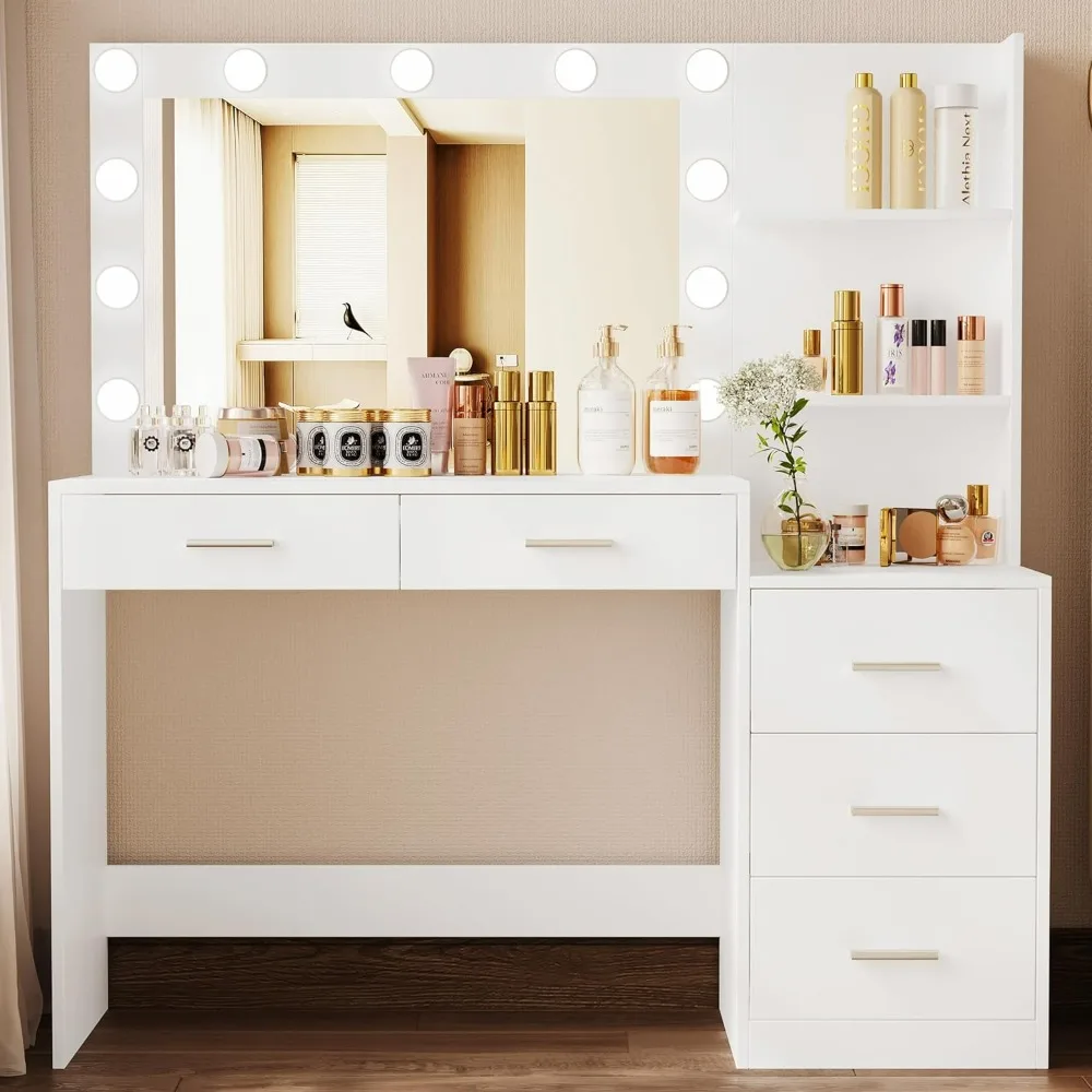 

46.7" Makeup Vanity Table with Lighted Mirror, Large Vanity Desk with Storage Shelf & 5 Drawers, Bedroom Dressing Table