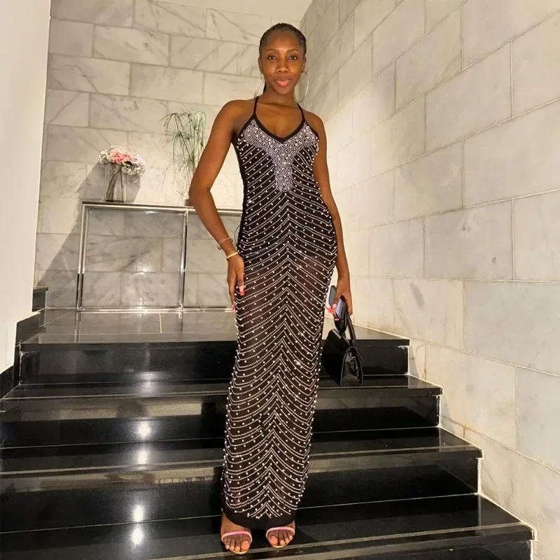 

KEXU Diamond V-neck Strap Sleeveless Bodycon Long Maxi Dress Women Summer Streetwear Sexy Vestidos Party Evening Dresses