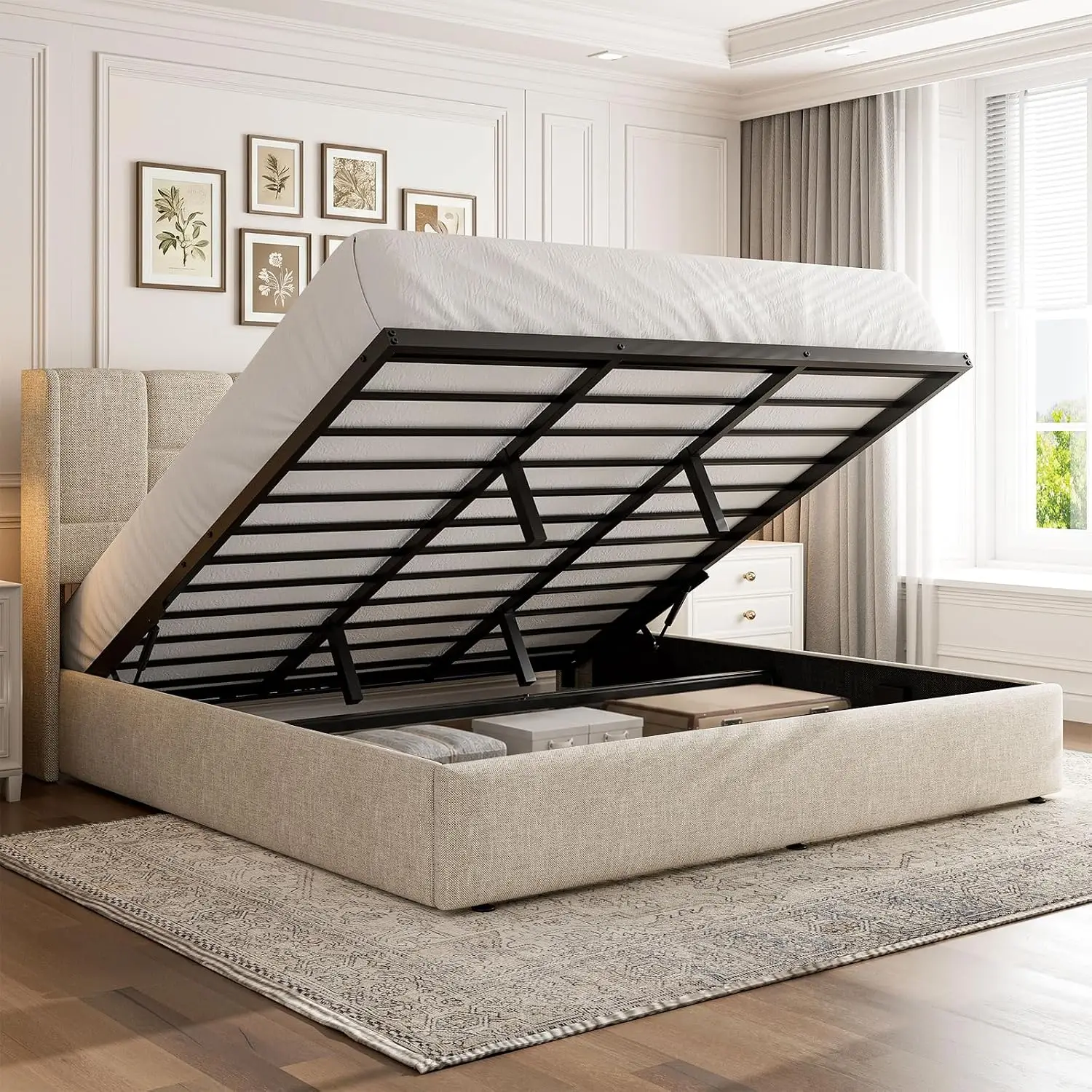 King Bed Frame with Hydraulic Gas Lift Up Storage, Linen Upholstered | Beige Platform Bed with Wingback Headboard,, Customized
