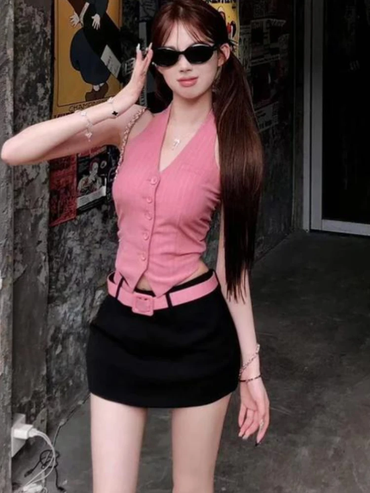 Summer Hot Chick V Neck Slim 2 Piece Set Women Aesthetic Sexy Skinny Skinny Solid Top Female + Fashion High Waist A Line Skirt