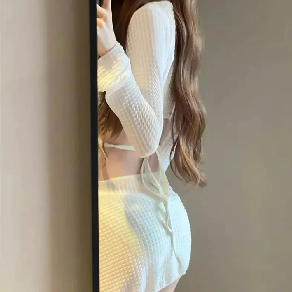 Full Swimwear Set for Women Long Sleeve Bikini Top Bottom Wrap Skirt in Solid Color for Leisure and Club Occasions