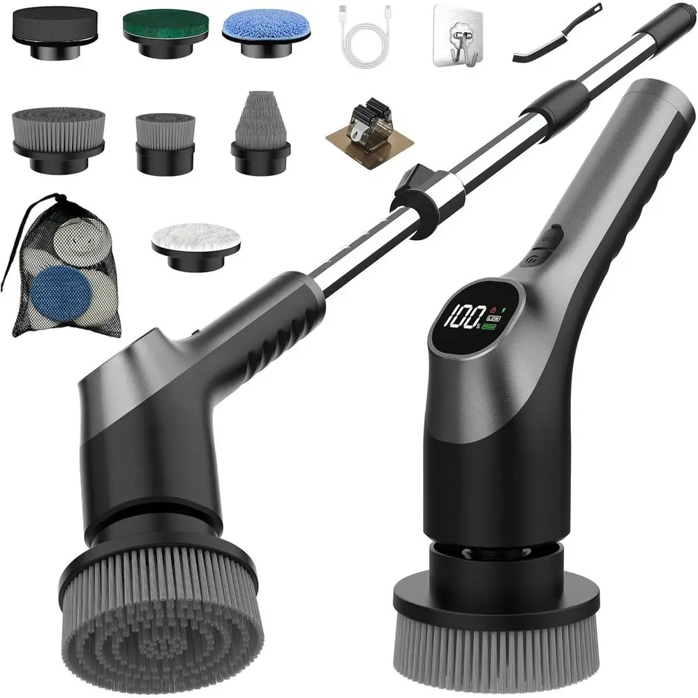 

Electric Spin Scrubber, Shower Scrubber with Long Handle Adjustable LCD Display, 2 Speed Shower Cleaner, 7 Replaceable Brush Hea
