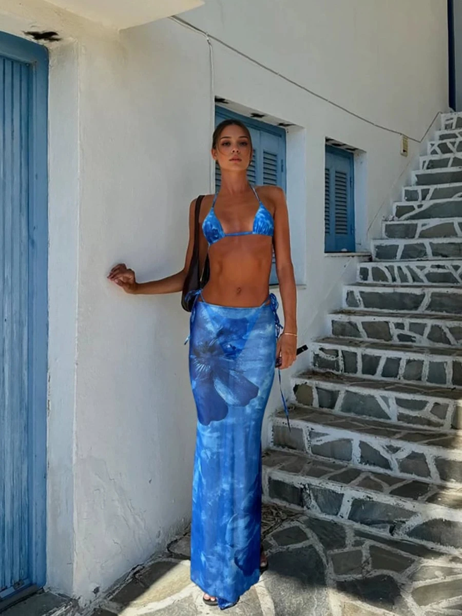 

Melphieer Blue Tie Dye 3 Piece Bikini Set Women Triangle Top+Ties Bottom+Skinny Long Skirts Swim Vacay Beach Pool Party Swimsuit