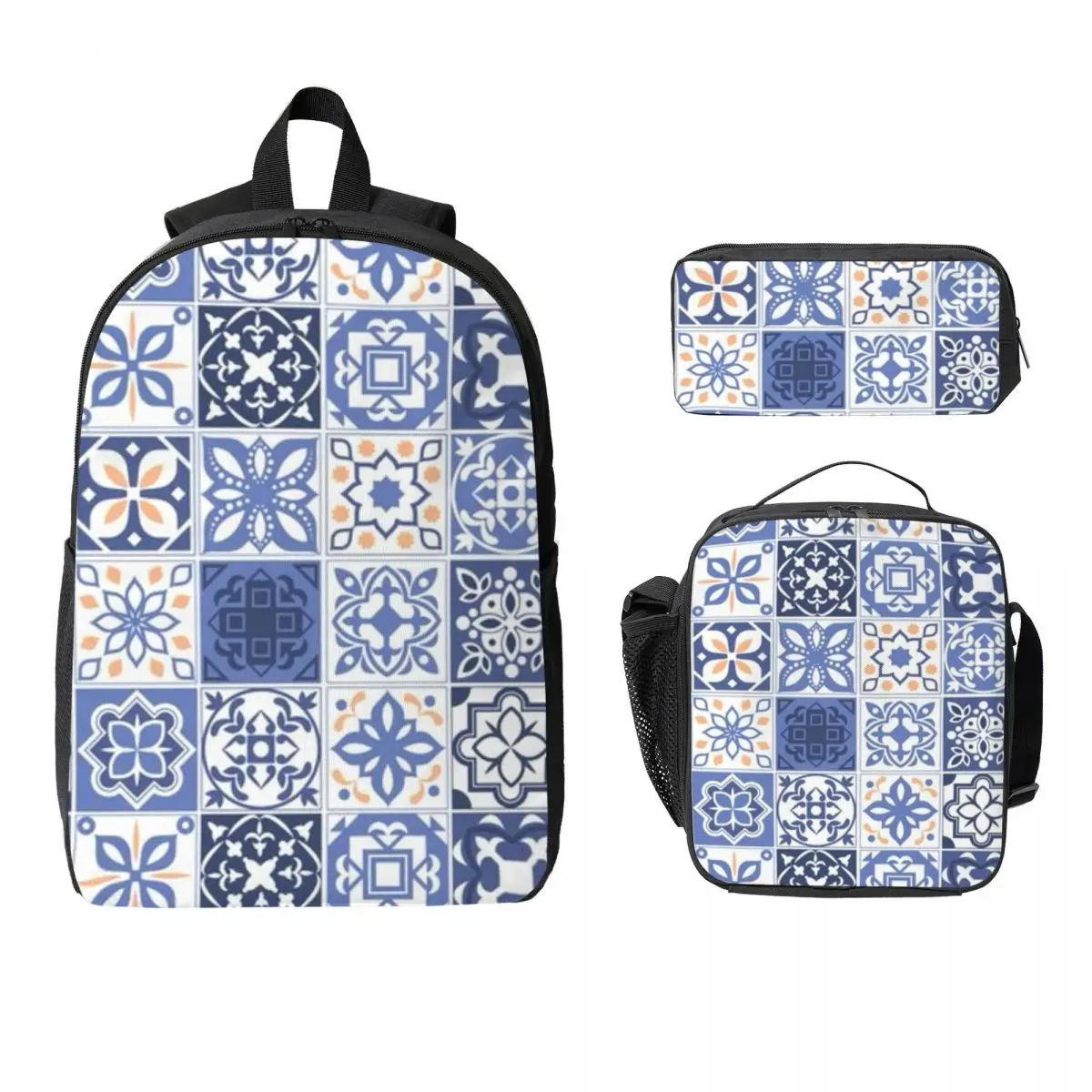 Blue Portuguese Tile Portugal Azulejo Flower Backpack BookBag School Bag Shoulder Bags 3ps Insulated Lunch Bag Pencil Case