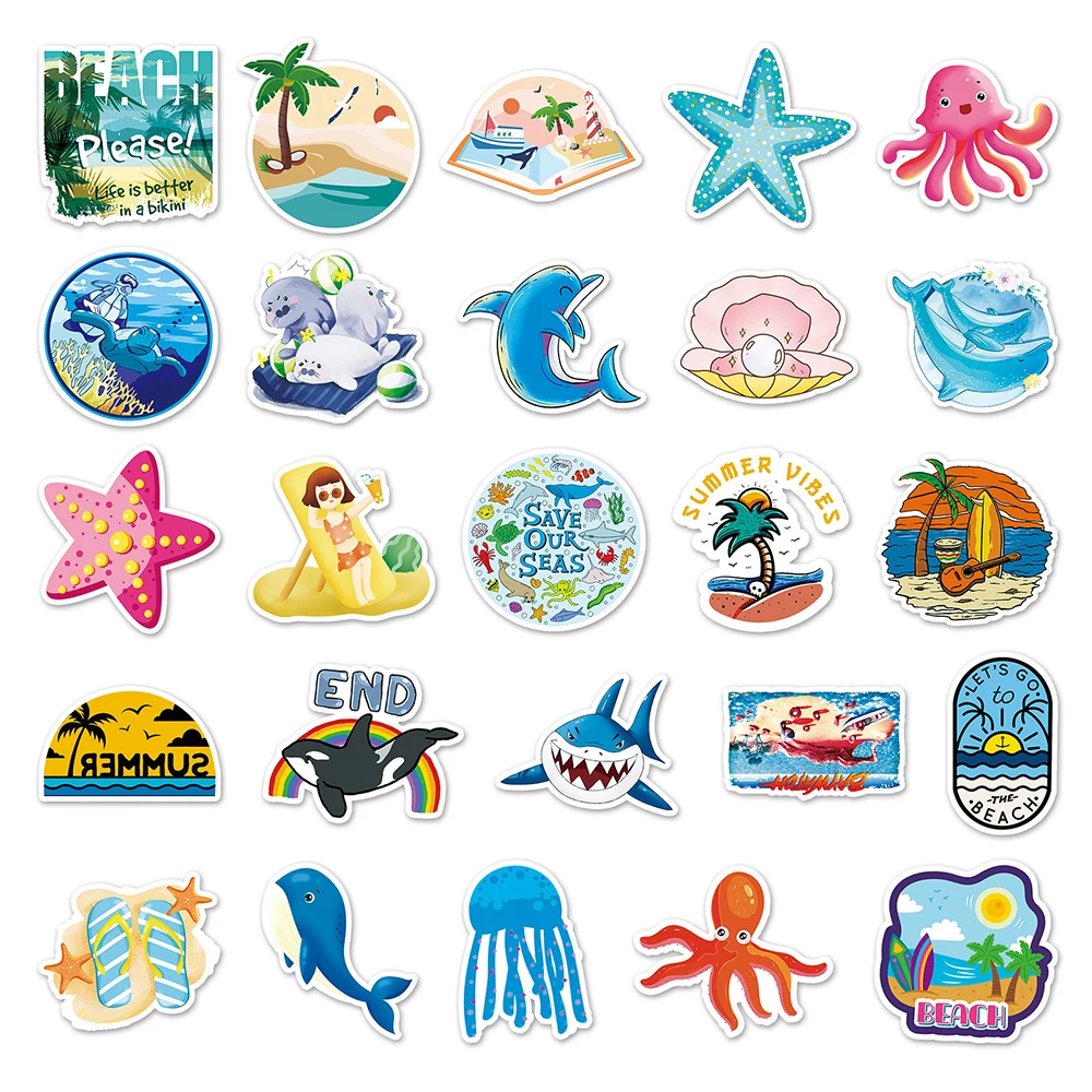 10/50/100pcs Cute Sea Animals Ocean World Plants Stickers Aesthetic Decal Kawaii Fishes Shark Waterproof Cartoon Sticker Packs