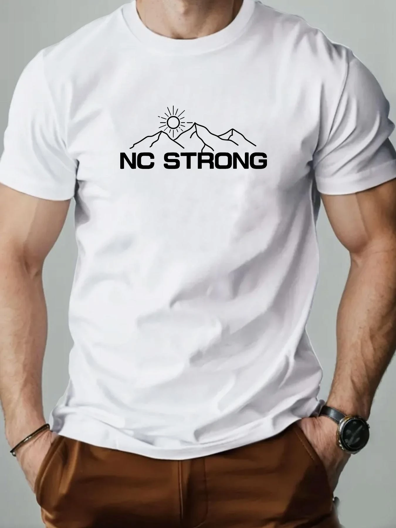 Men's T-shirt NC STRONG Mountain Sun Print Short Sleeve Top Casual Breathable Summer Tee for Men 2025