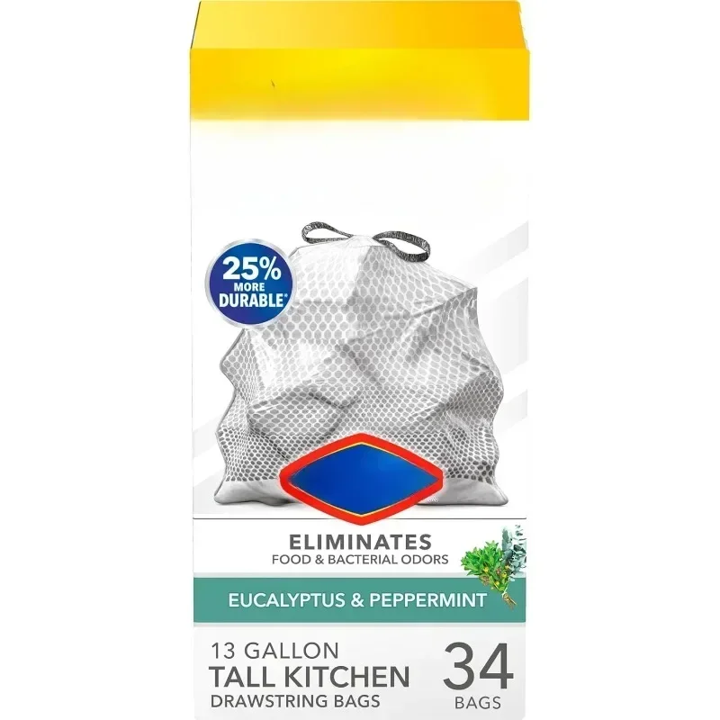 Trash Bags, Tall Kitchen Garbage Bags With Clorox, 13 Gallon, Eucalyptus and Peppermint, 34 Count (Package May Vary)