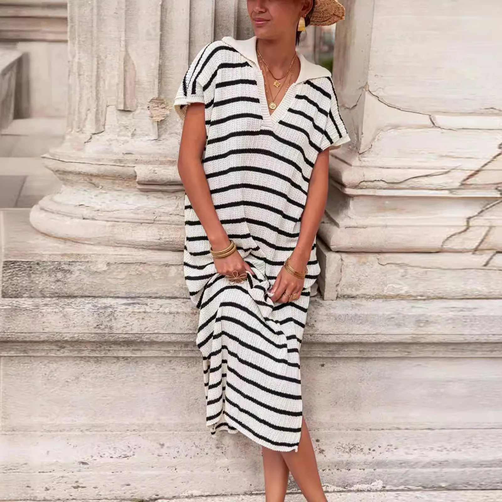 Womens Casual Long Dresses Women Fashion Casual Loose Versatile Striped Dress V Neck Low Slit Sweater Womens Summer Casual Dress