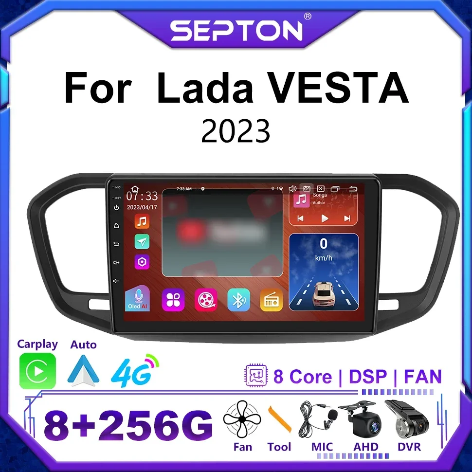 SEPTON 2 Din 9 Inch Car Stereo Radio for Lada VESTA 2023 Multimedia Viedo Player GPS CarPlay Head Unit Navi Audio  Android 12