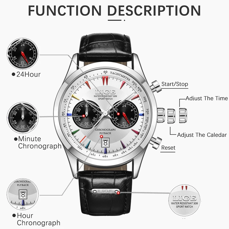 LIGE Luxury Man Watch High Quality Waterproof Chronograph Luminous Men\'s Wristwatch Leather Men Quartz Watches Casual Clock