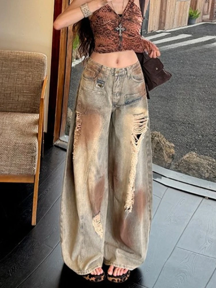 Women's Ripped Distressed Baggy Women Pants Dirty Wash American Street Style Wide Leg Trousers Floor-length Pantalones