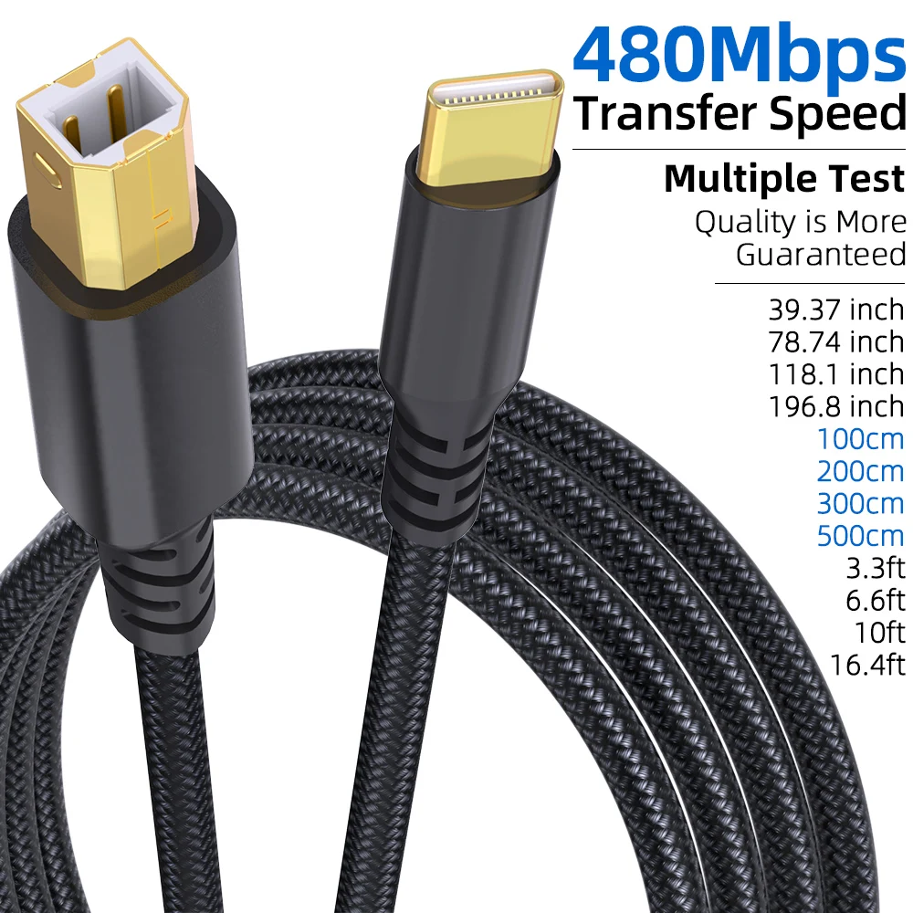 Nylon Braided USB B to USB C Printer Cable Plug And Play Printer Scanner Cord For HP Canon Epson Lexmark Printer Scanner Copier