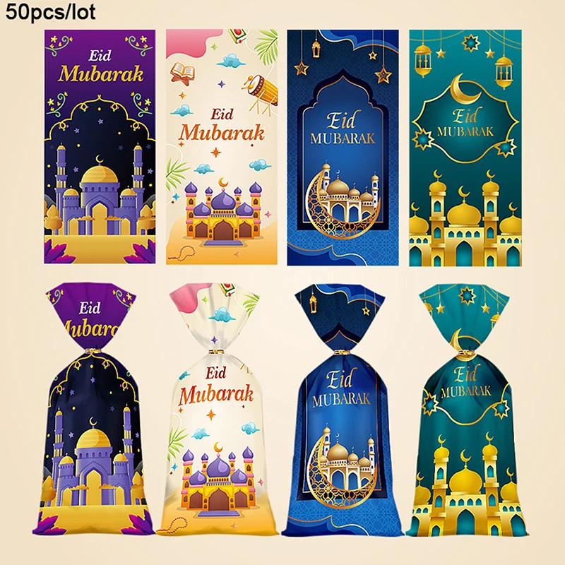 50pcs Eid Mubarak Gift Bags Plastic Cookie Candy Bag Ramadan Kareem Decor 2024 Islamic Muslim Eid Al-fitr Party Supplies