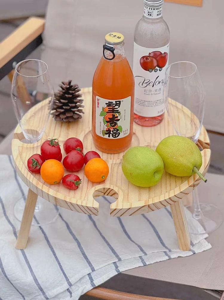 

Outdoor picnic wooden table portable wine rack solid wood folding round small wine table snack beach table