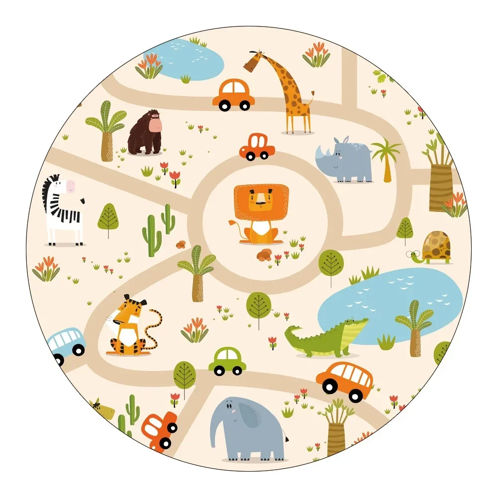 Cartoon Animal Traffic Road Round Rug Toy Car Circle Carpet Bedroom Living Home Decor Floor Mat Animal Baby Play Kids Room Mats