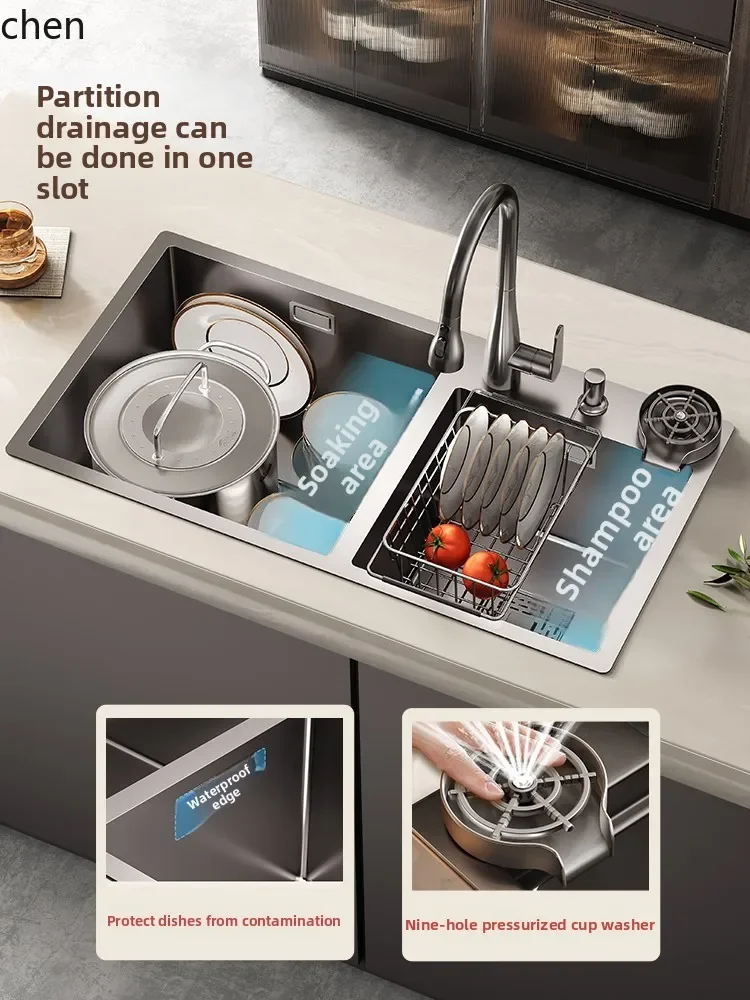 YFY Sink Double Basin Kitchen Vegetable Thickened Steel Large Size Sink Handmade Undermount Basin