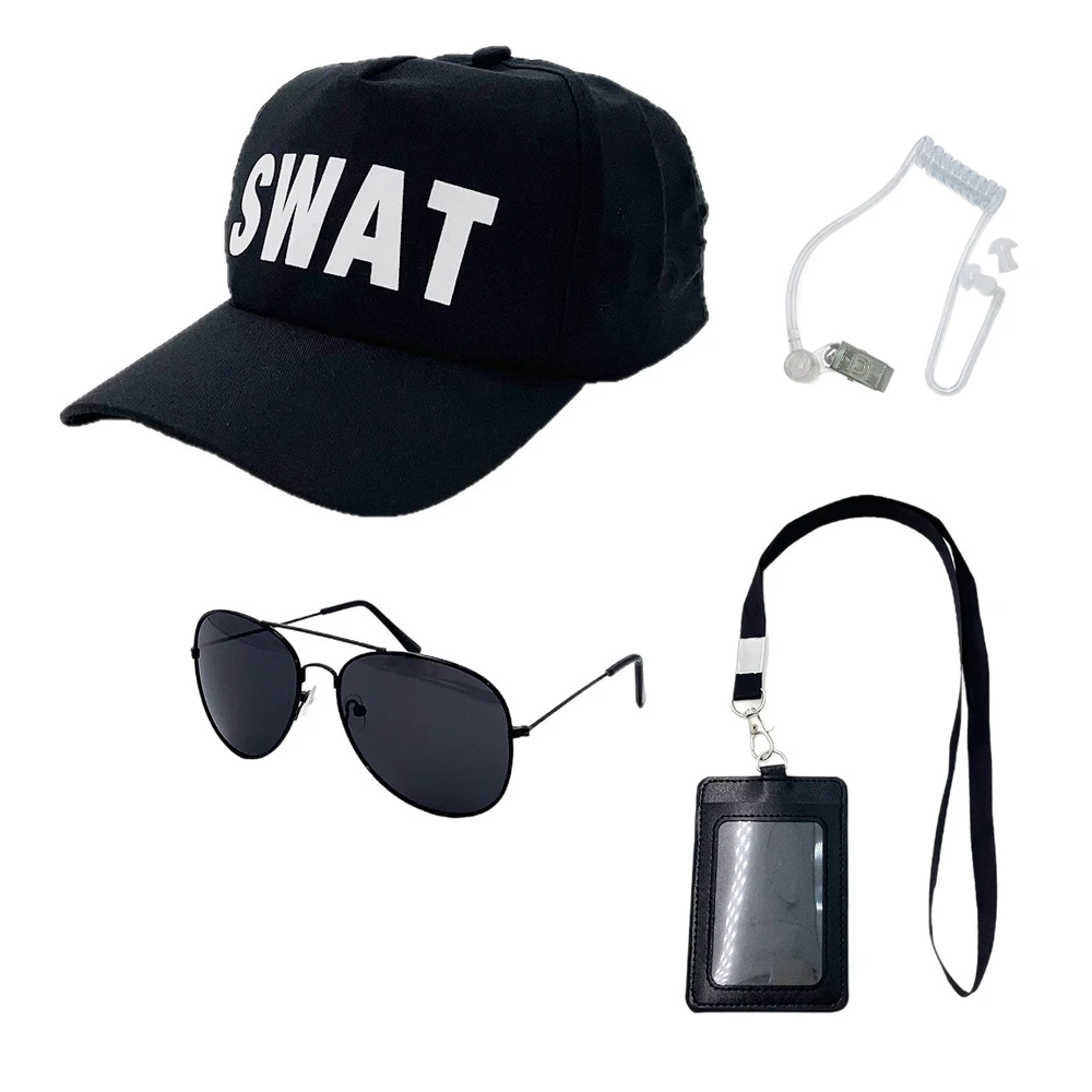 Role Playing Secret Agent Costume Dress Up Security Baseball Hat Black Sunglasses Work ID Earplugs Tie Set