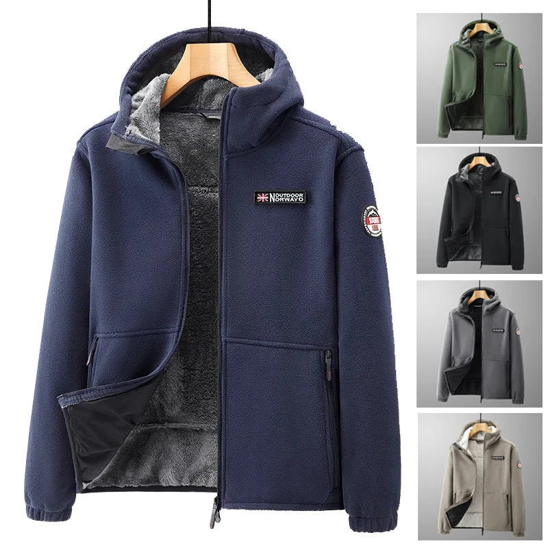 

Men Women Fleece Jacket Soft Warmth Windproof Full Zip Up Coat Multiple Zipper Pockets Hiking Working Windbreaker Hooded Jackets